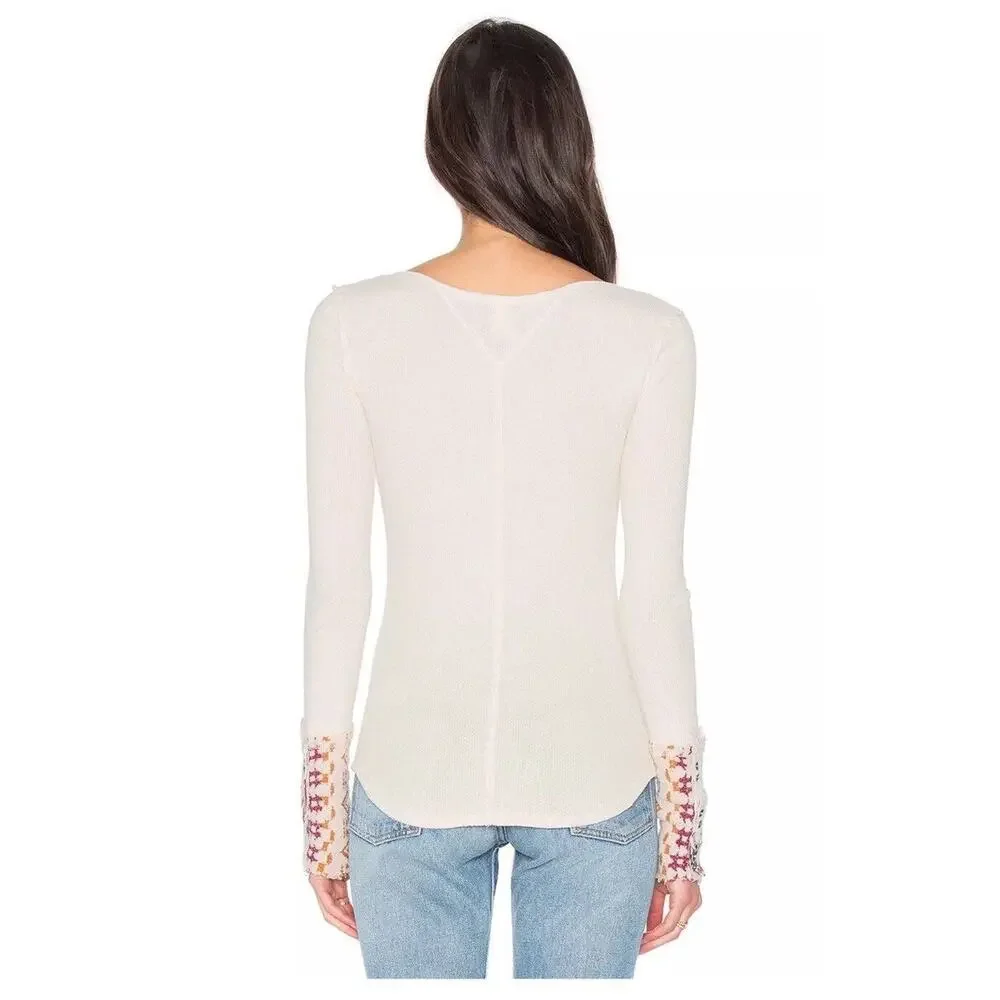 Free People We the Free Art School‎ Cuff Long Sleeve Thermal Taupe Cream Small